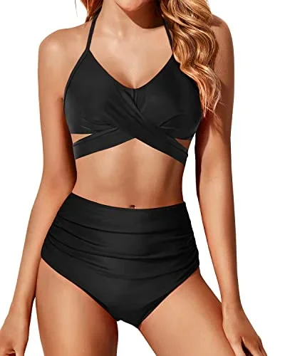 Halter Push Up Bikini Set High Waisted Swimsuits For Women-Black