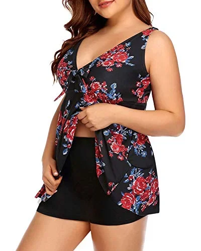 Plus Size Push Up Tankini Top Boy Shorts Tankini Set-Black And Red Floral