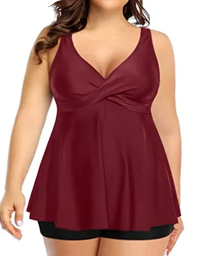 Flowy Plus Size Tankini Swimsuit Tummy Control Bathing Suits For Women-Maroon